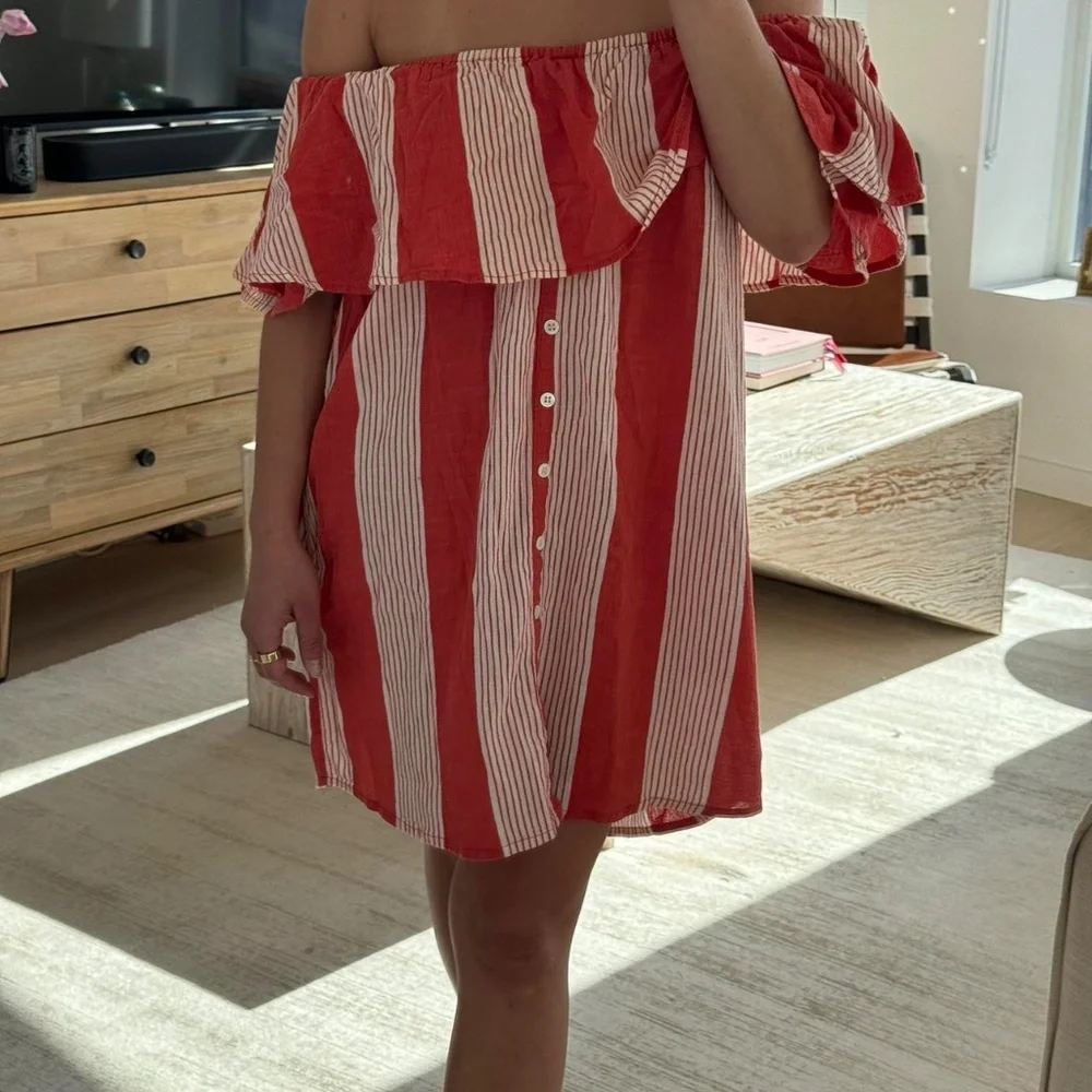 Faithfull the Brand Amalfi Rust-Red Striped Off-Shoulder Mini Dress • Size S - Picture 6 of 14